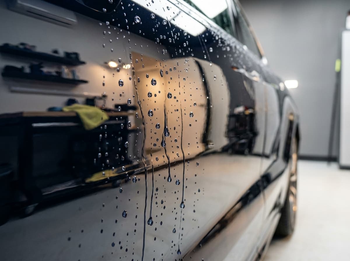 Close-up of water sheeting off a ceramic-coated door panel