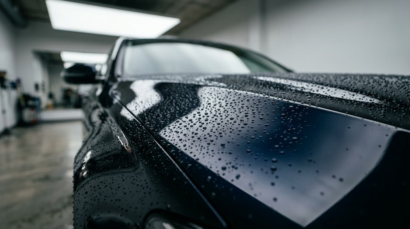 Ceramic-coated paint beading water in a Rockford detailing studio