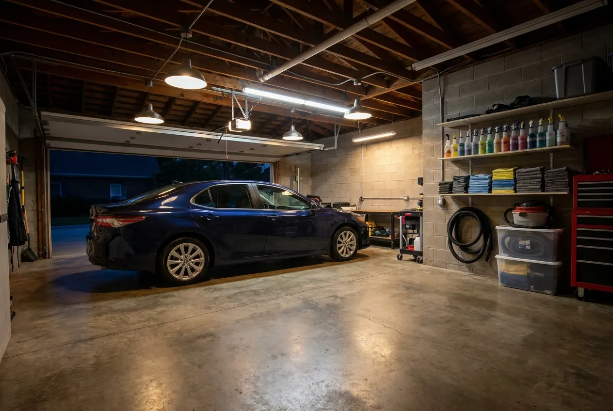 A car parked in a clean, organized home detailing bay