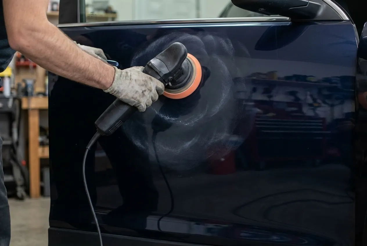 A dual-action polisher working swirl marks out of a dark car door panel