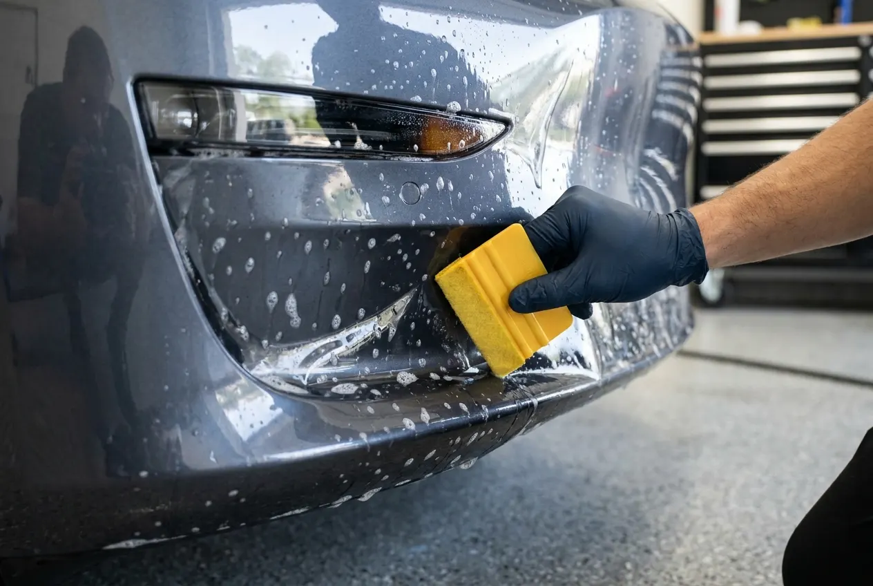 Paint protection film being squeegeed onto a front bumper