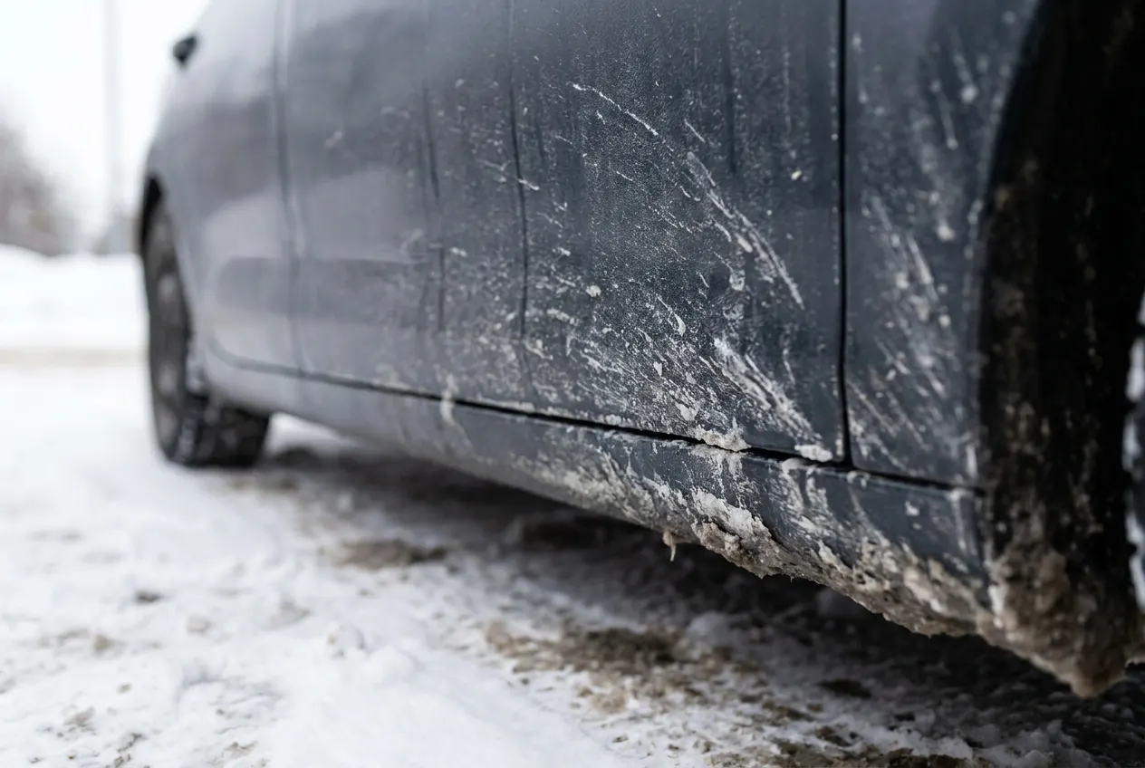 Dried road salt residue on a car's lower door panel in winter